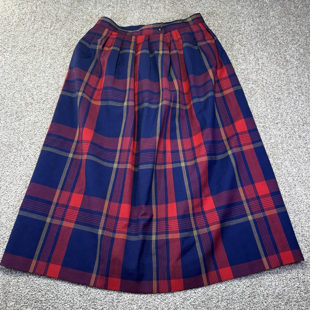 Vintage Pendleton Skirt Womens 12 Blue Red Plaid Wool Pleated Midi USA T472-299